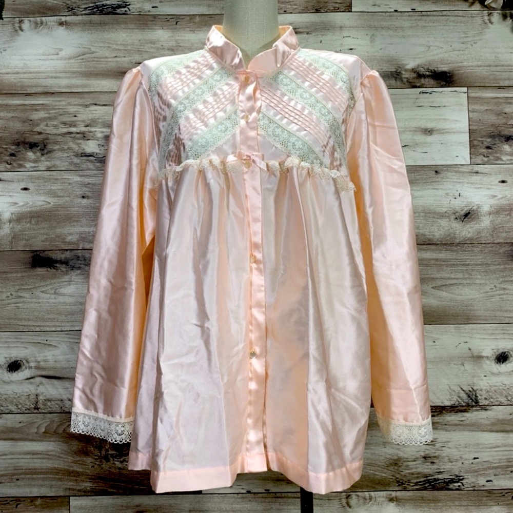 Vintage Barbizon cuddleskins silky satin pink pajama lace top size XL cottage